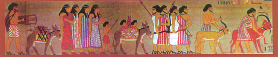 Wandmalerei aus einem aegyptischen Grab, um 1900 v.d.Z.: Eine Gruppe Semiten bringt den Aegyptern Geschenke